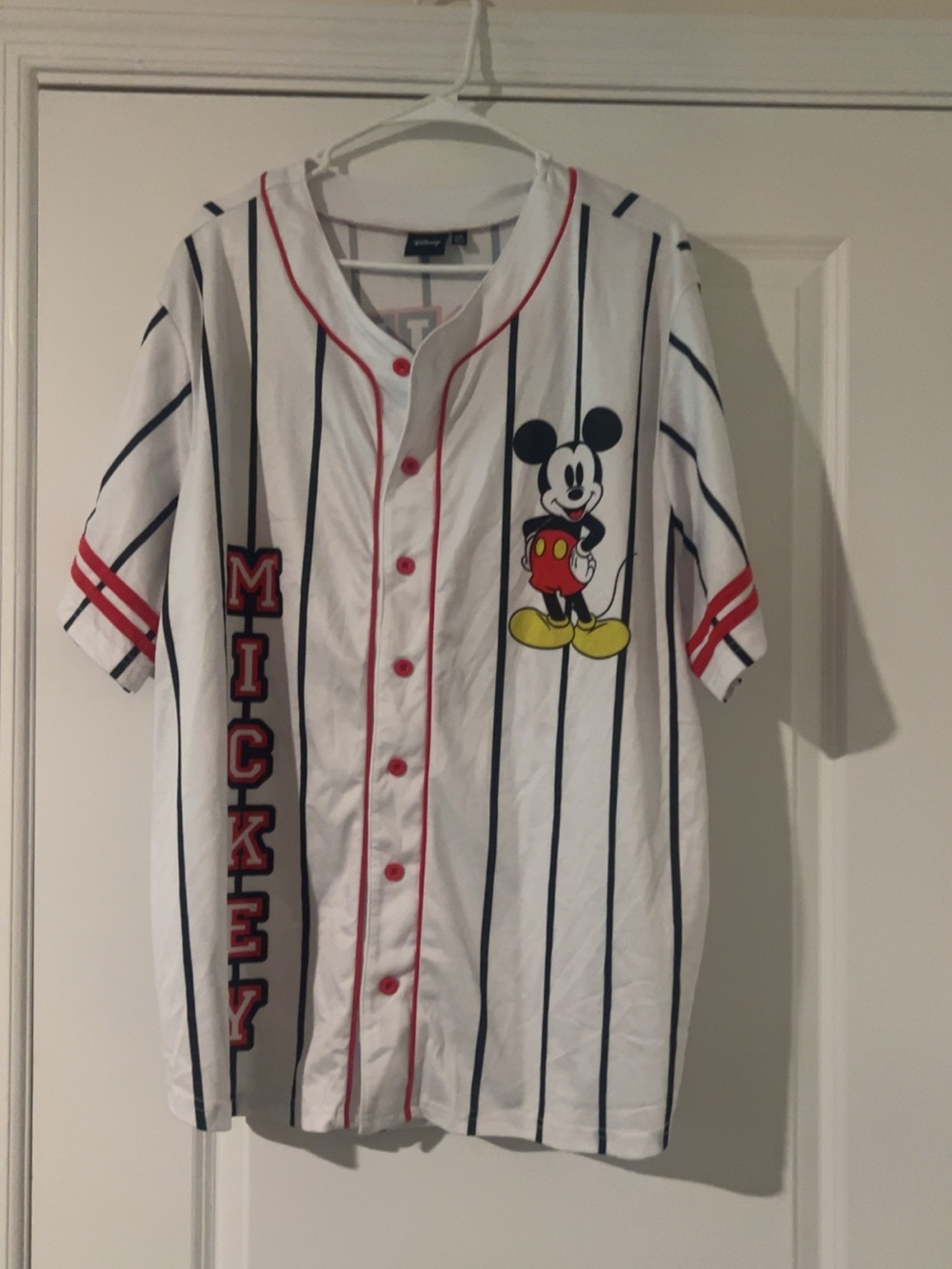 Disney White Pinstripe Mickey Baseball-Style Button Shirt with Red Trim